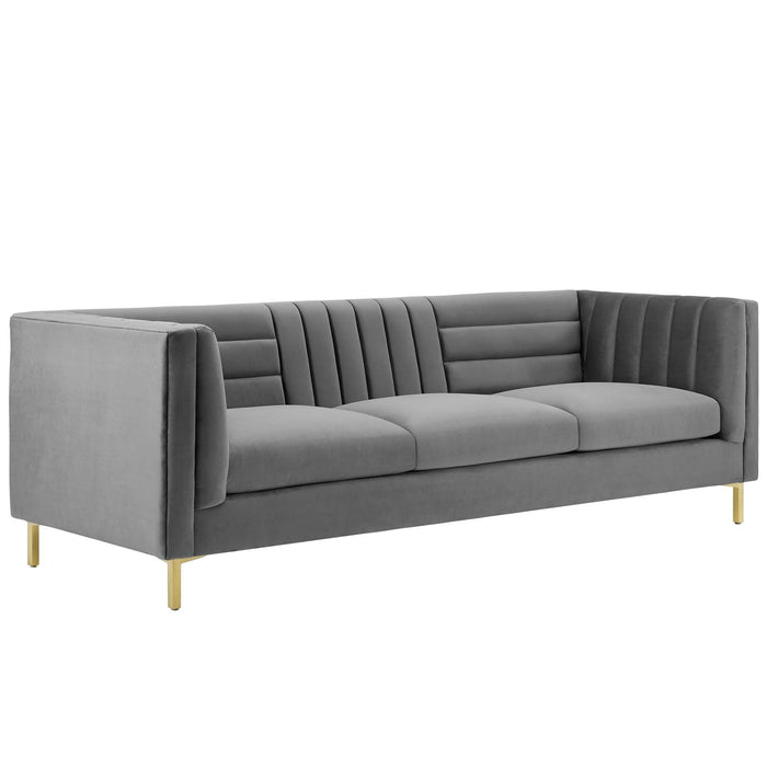 Ingenuity Retro Modern Channel Tufted Sofa – Luxe Performance Velvet with Gold Legs for Stylish Comfort