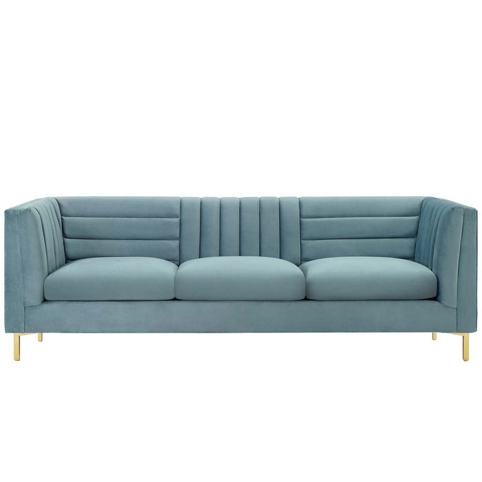 Ingenuity Retro Modern Channel Tufted Sofa – Luxe Performance Velvet with Gold Legs for Stylish Comfort