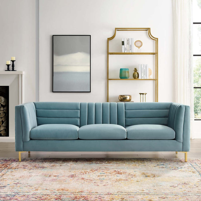 Ingenuity Retro Modern Channel Tufted Sofa – Luxe Performance Velvet with Gold Legs for Stylish Comfort