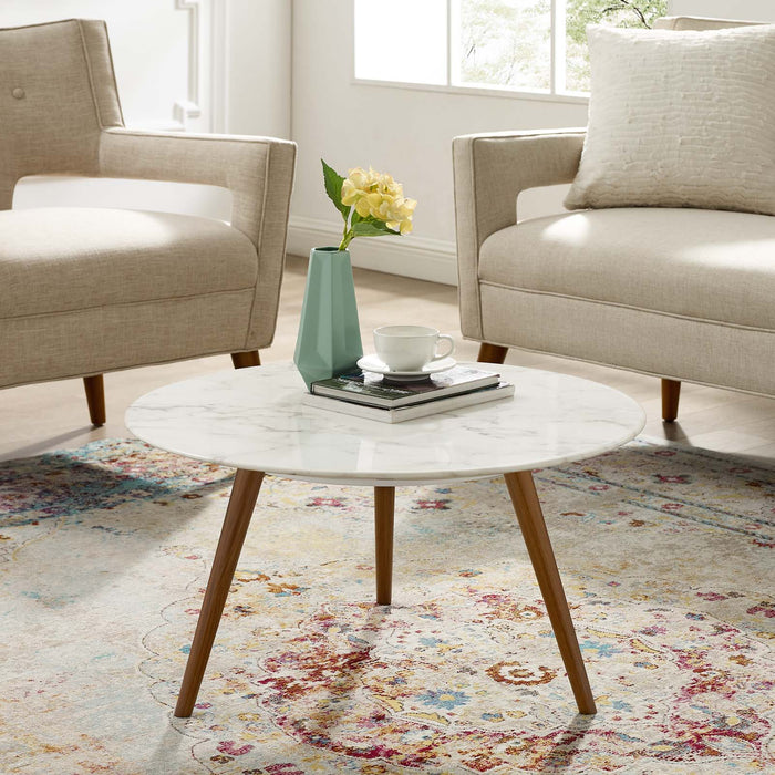 Modway Lippa Round Artificial Marble Coffee Table with Tripod Base Living Room Furniture in White - Detail View