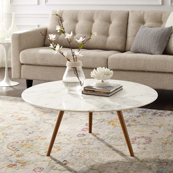 Modway Lippa Round Artificial Marble Coffee Table with Tripod Base Living Room Furniture - Lifestyle View