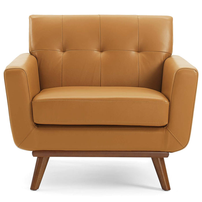 Engage Mid-Century Modern Top-Grain Leather Accent Armchair with Plush Cushions and Stylish Design