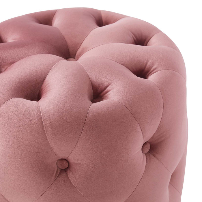 Amour Tufted Button Round Ottoman - Luxurious Performance Velvet Accent for Living Room Decor
