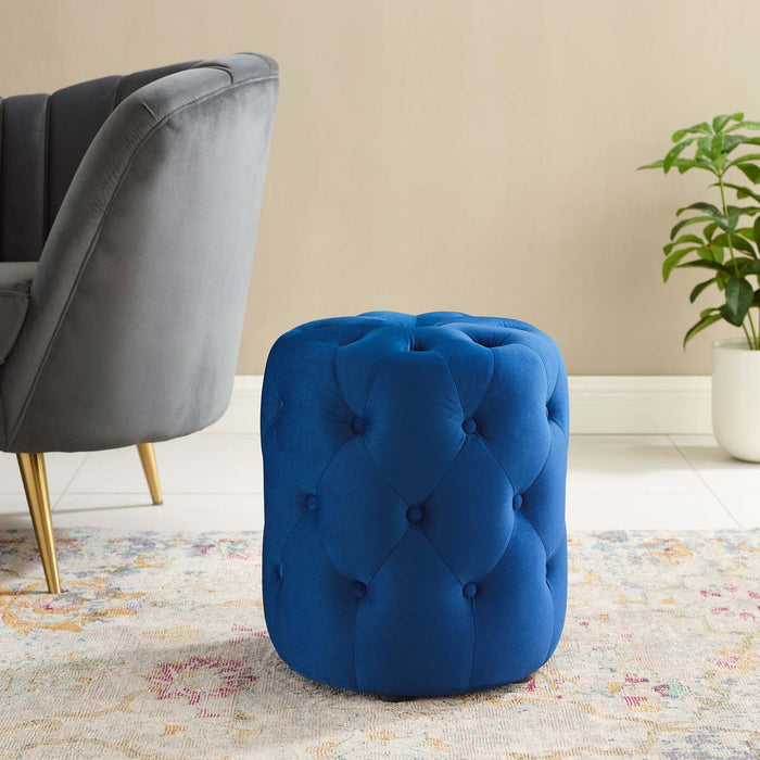 Amour Tufted Button Round Ottoman - Luxurious Performance Velvet Accent for Living Room Decor