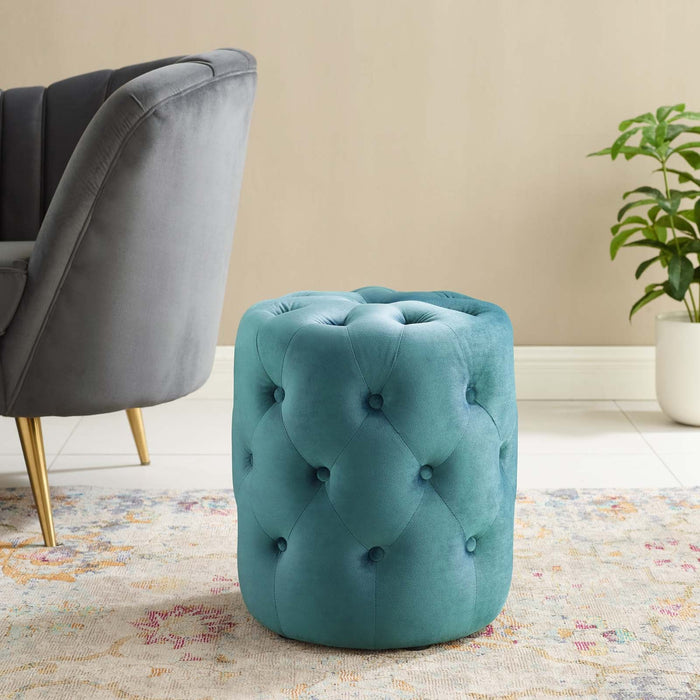 Amour Tufted Button Round Ottoman - Luxurious Performance Velvet Accent for Living Room Decor