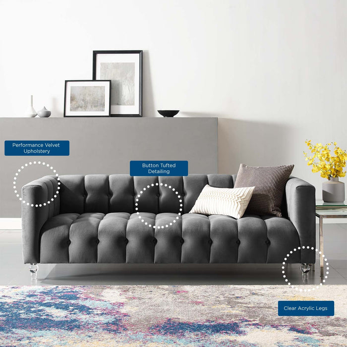 Mesmer Channel Tufted Button Performance Velvet Sofa - in lifestyle setting
