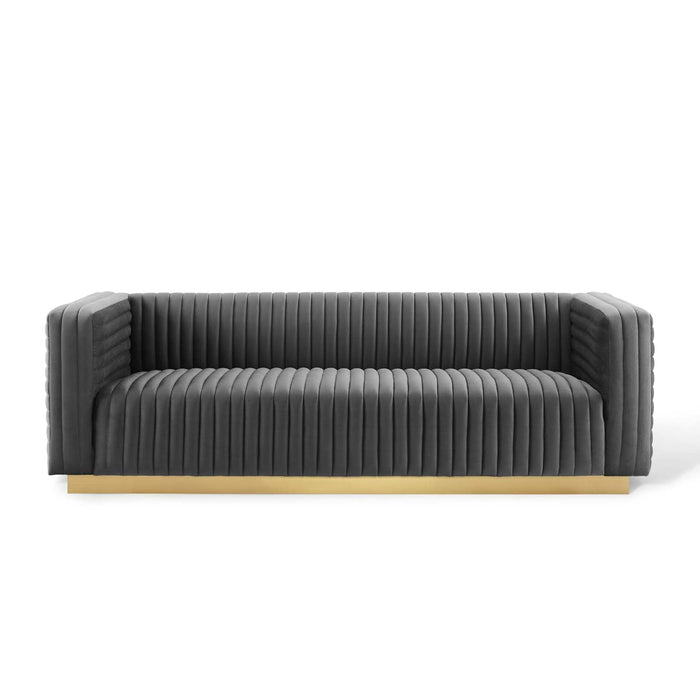 Charisma Channel Tufted Velvet Sofa - Luxurious Stain-Resistant Fabric with Gold Base for Glam Style