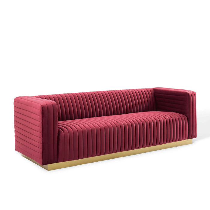 Charisma Channel Tufted Velvet Sofa - Luxurious Stain-Resistant Fabric with Gold Base for Glam Style