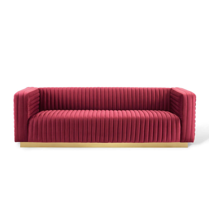 Charisma Channel Tufted Velvet Sofa - Luxurious Stain-Resistant Fabric with Gold Base for Glam Style