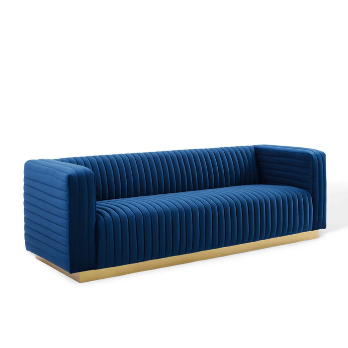 Charisma Channel Tufted Velvet Sofa - Luxurious Stain-Resistant Fabric with Gold Base for Glam Style