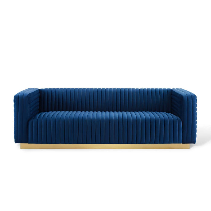 Charisma Channel Tufted Velvet Sofa - Luxurious Stain-Resistant Fabric with Gold Base for Glam Style