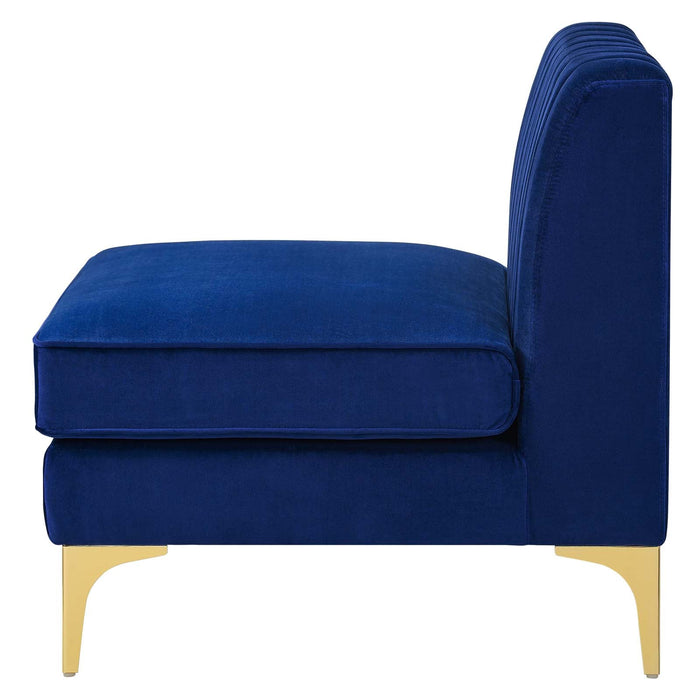 Triumph Channel Tufted Armless Chair - Luxe Performance Velvet, Retro Modern Style, Gold Legs