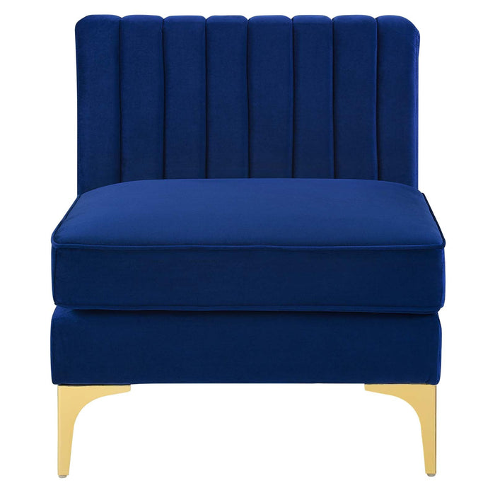 Triumph Channel Tufted Armless Chair - Luxe Performance Velvet, Retro Modern Style, Gold Legs
