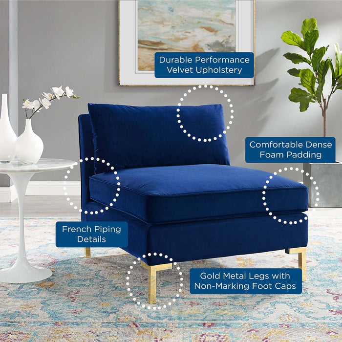 Ardent Performance Velvet Armless Chair - Luxe Glam Deco Style with Stain-Resistant Fabric & Gold Legs