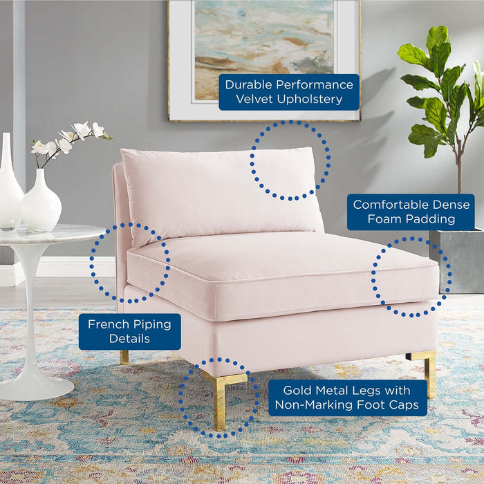 Ardent Performance Velvet Armless Chair - Luxe Glam Deco Style with Stain-Resistant Fabric & Gold Legs