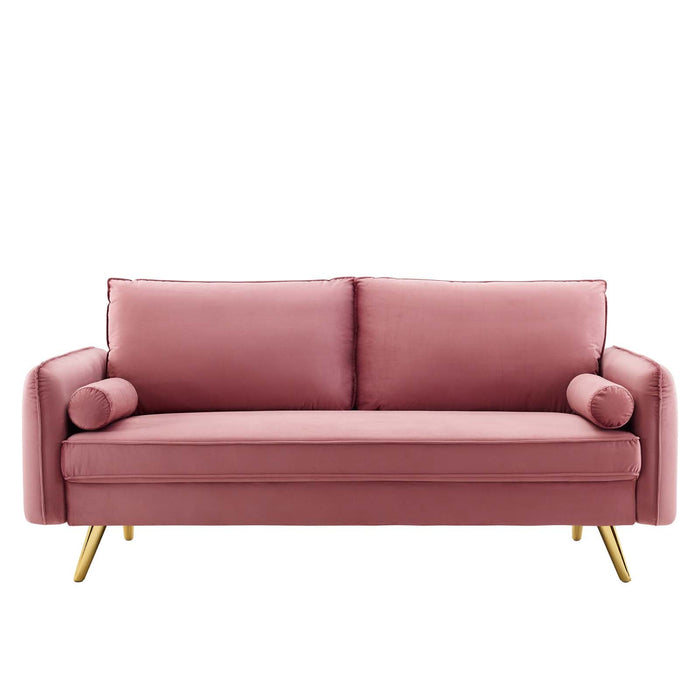 Revive Upholstered Performance Velvet Sofa with Gold Legs - Stylish, Comfortable, and Durable Design