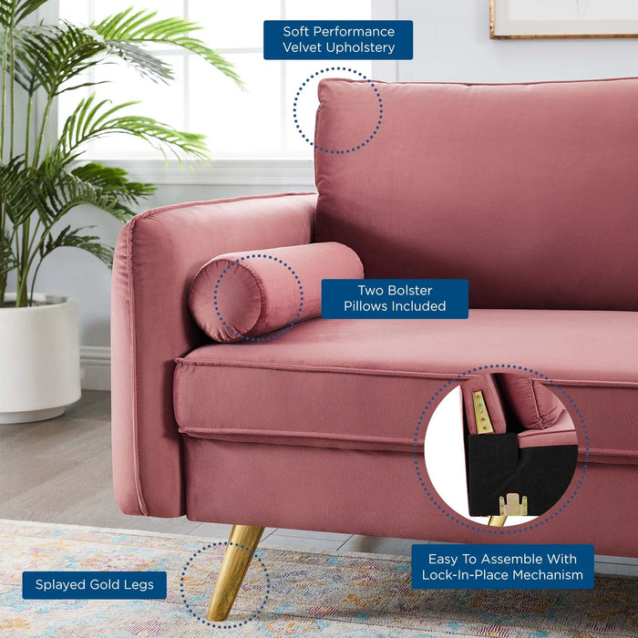Revive Upholstered Performance Velvet Sofa with Gold Legs - Stylish, Comfortable, and Durable Design