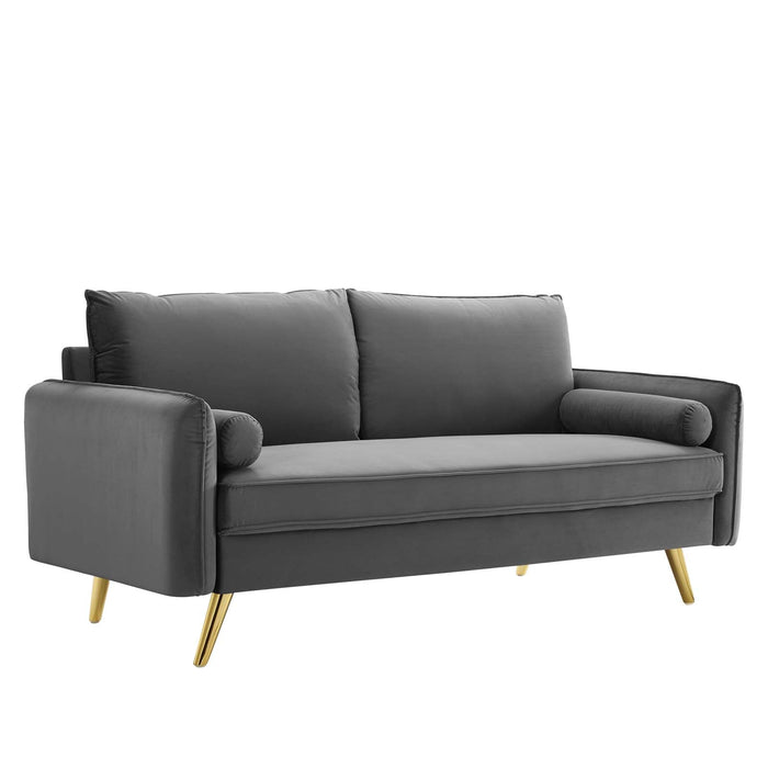 Revive Upholstered Performance Velvet Sofa with Gold Legs - Stylish, Comfortable, and Durable Design