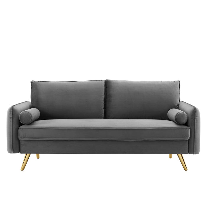 Revive Upholstered Performance Velvet Sofa with Gold Legs - Stylish, Comfortable, and Durable Design