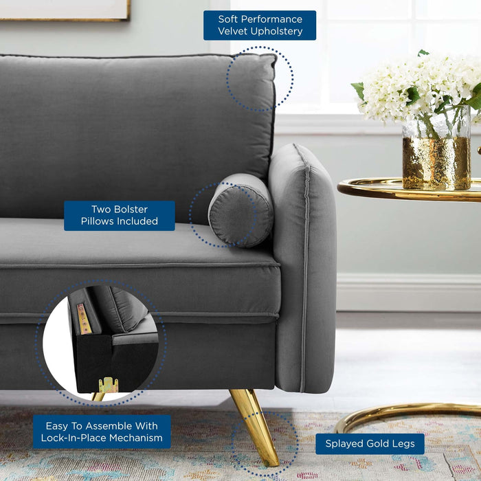 Revive Upholstered Performance Velvet Sofa with Gold Legs - Stylish, Comfortable, and Durable Design