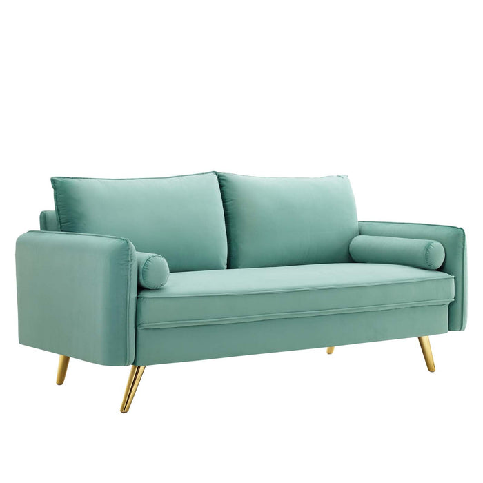 Revive Upholstered Performance Velvet Sofa with Gold Legs - Stylish, Comfortable, and Durable Design