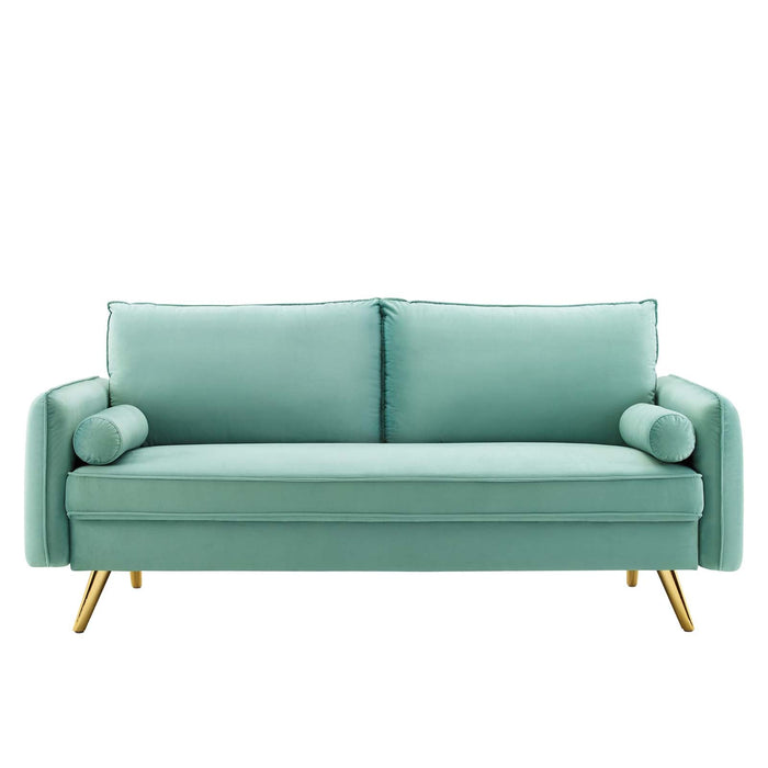 Revive Upholstered Performance Velvet Sofa with Gold Legs - Stylish, Comfortable, and Durable Design