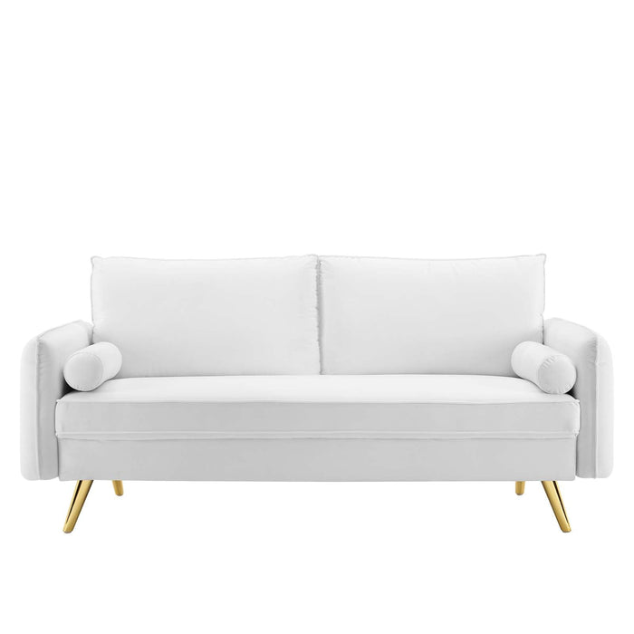 Revive Upholstered Performance Velvet Sofa with Gold Legs - Stylish, Comfortable, and Durable Design