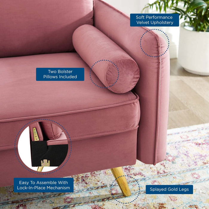 Revive Upholstered Performance Velvet Loveseat with Splayed Gold Legs - Stylish Comfort for Any Space