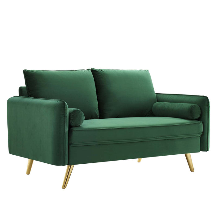 Revive Upholstered Performance Velvet Loveseat with Splayed Gold Legs - Stylish Comfort for Any Space