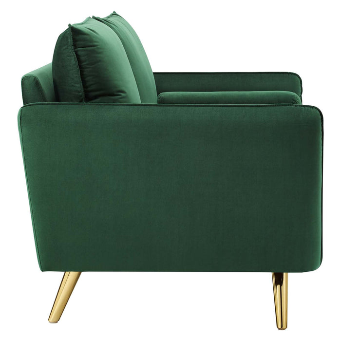 Revive Upholstered Performance Velvet Loveseat with Splayed Gold Legs - Stylish Comfort for Any Space