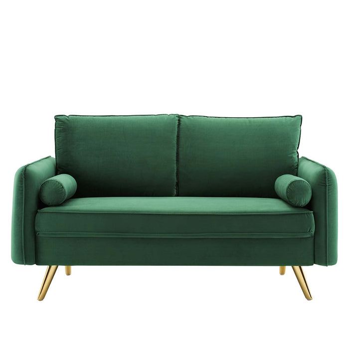 Revive Upholstered Performance Velvet Loveseat with Splayed Gold Legs - Stylish Comfort for Any Space