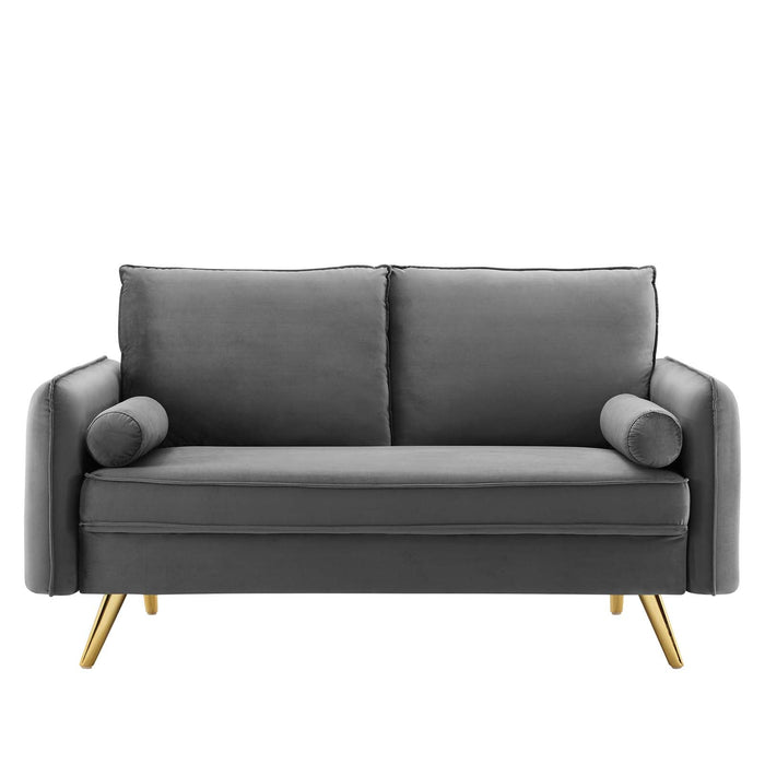 Revive Upholstered Performance Velvet Loveseat with Splayed Gold Legs - Stylish Comfort for Any Space