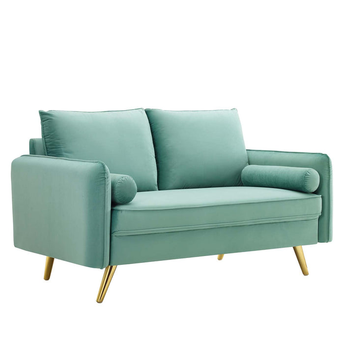 Revive Upholstered Performance Velvet Loveseat with Splayed Gold Legs - Stylish Comfort for Any Space