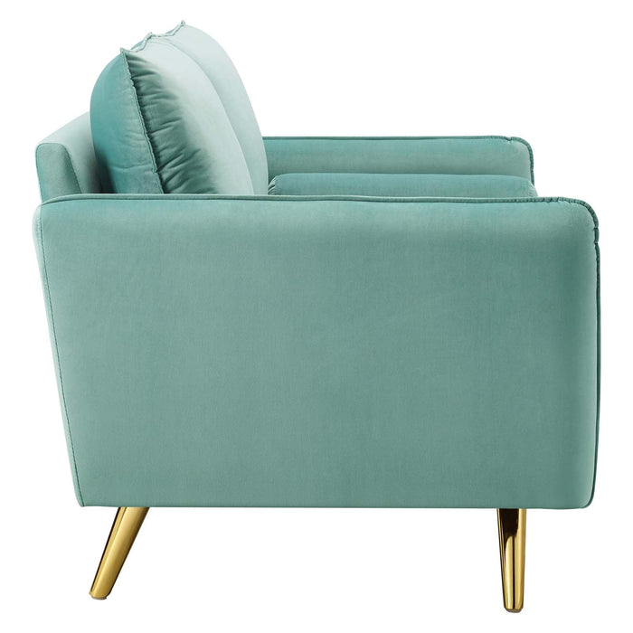 Revive Upholstered Performance Velvet Loveseat with Splayed Gold Legs - Stylish Comfort for Any Space