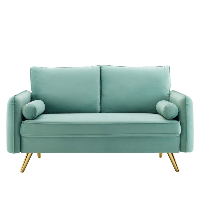 Revive Upholstered Performance Velvet Loveseat with Splayed Gold Legs - Stylish Comfort for Any Space