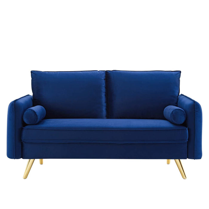 Revive Upholstered Performance Velvet Loveseat with Splayed Gold Legs - Stylish Comfort for Any Space