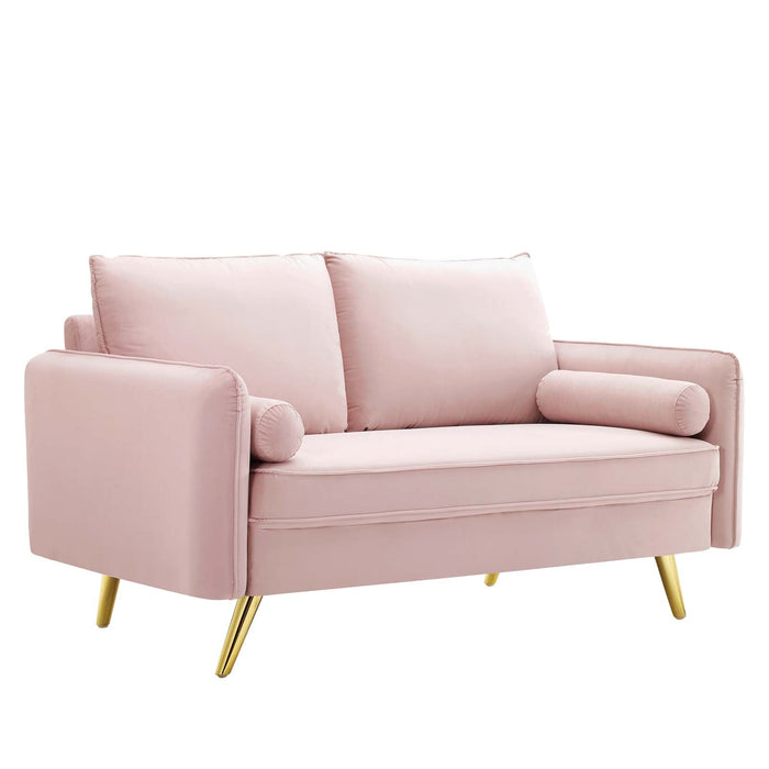 Revive Upholstered Performance Velvet Loveseat with Splayed Gold Legs - Stylish Comfort for Any Space