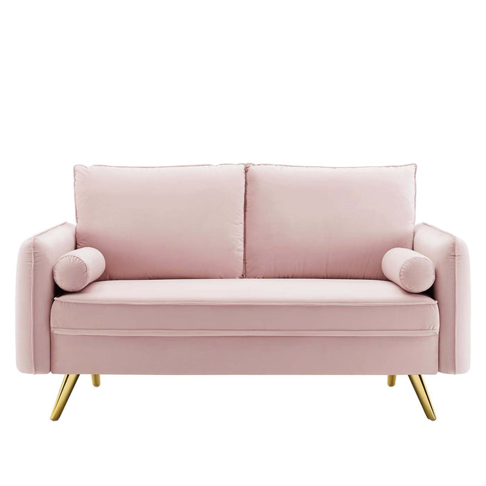 Revive Upholstered Performance Velvet Loveseat with Splayed Gold Legs - Stylish Comfort for Any Space
