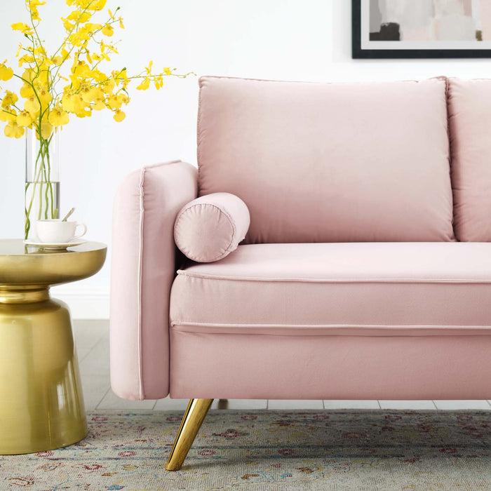 Revive Upholstered Performance Velvet Loveseat with Splayed Gold Legs - Stylish Comfort for Any Space