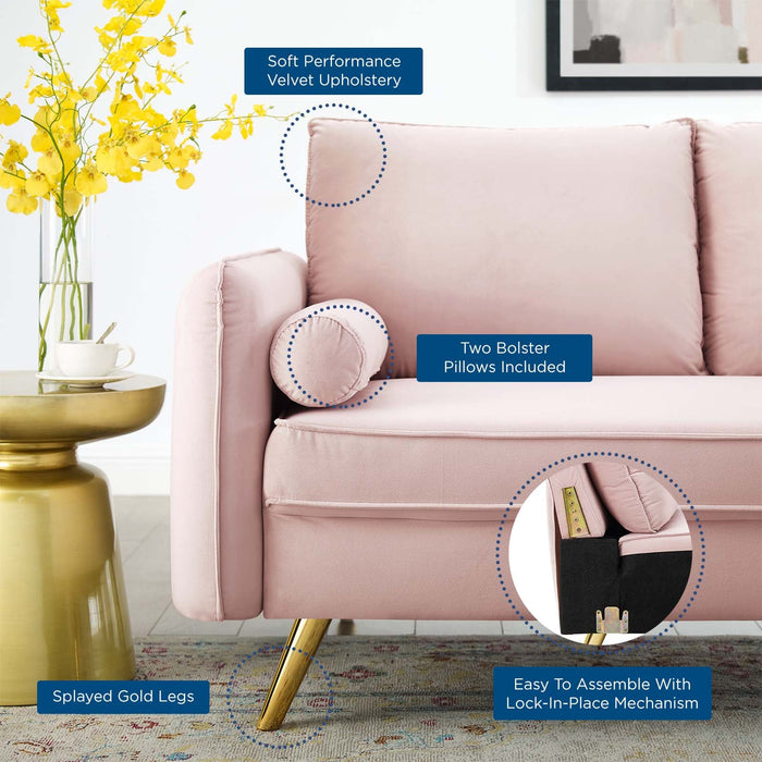 Revive Upholstered Performance Velvet Loveseat with Splayed Gold Legs - Stylish Comfort for Any Space