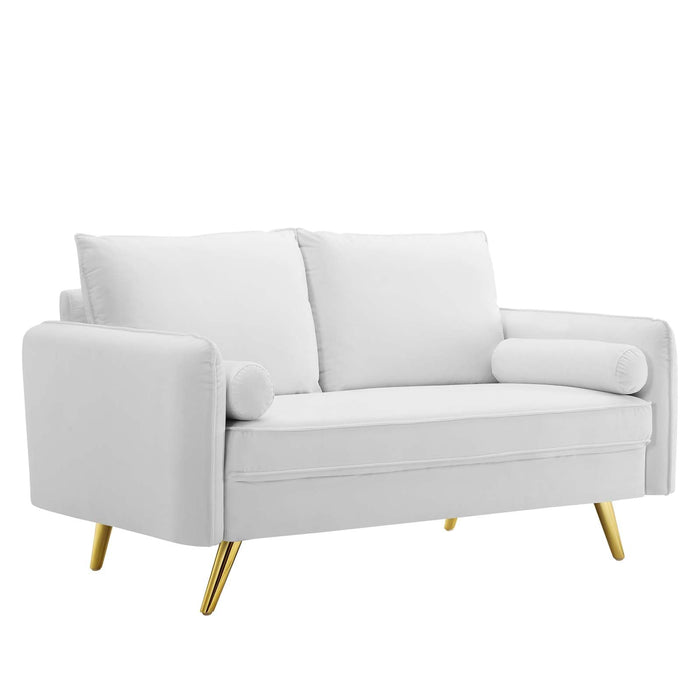 Revive Upholstered Performance Velvet Loveseat with Splayed Gold Legs - Stylish Comfort for Any Space