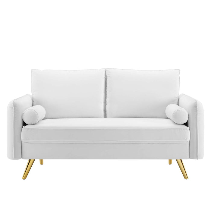 Revive Upholstered Performance Velvet Loveseat with Splayed Gold Legs - Stylish Comfort for Any Space