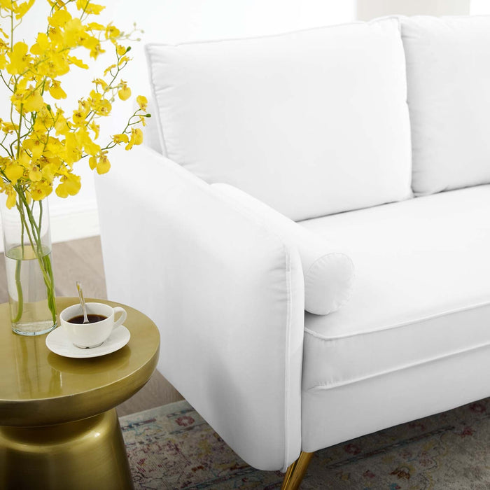 Revive Upholstered Performance Velvet Loveseat with Splayed Gold Legs - Stylish Comfort for Any Space