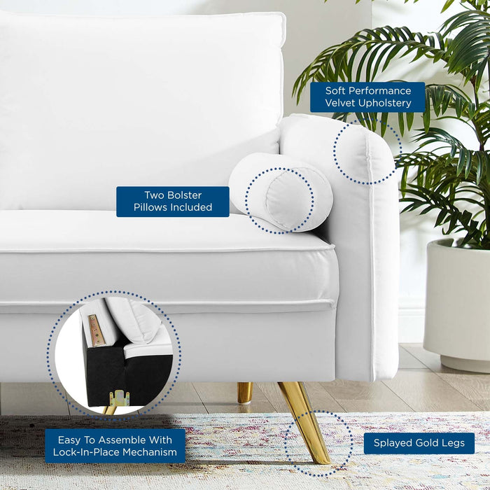 Revive Upholstered Performance Velvet Loveseat with Splayed Gold Legs - Stylish Comfort for Any Space