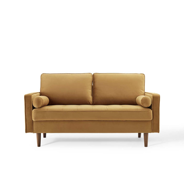 Modway Valour Mid-Century Modern Loveseat in Stain-Resistant Velvet with Bolster... Living Room Furniture - Lifestyle View
