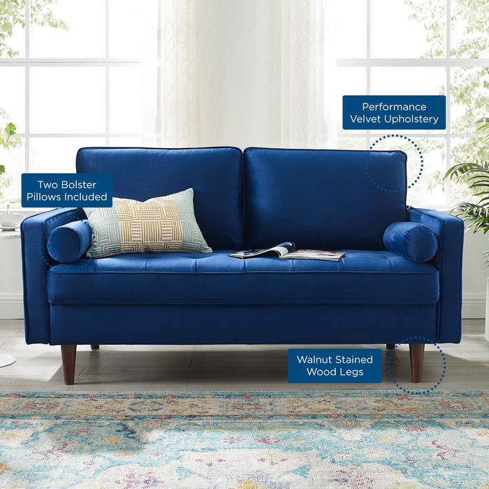 Modway Valour Mid-Century Modern Loveseat in Stain-Resistant Velvet with Bolster Pillows... Living Room Furniture - View 47