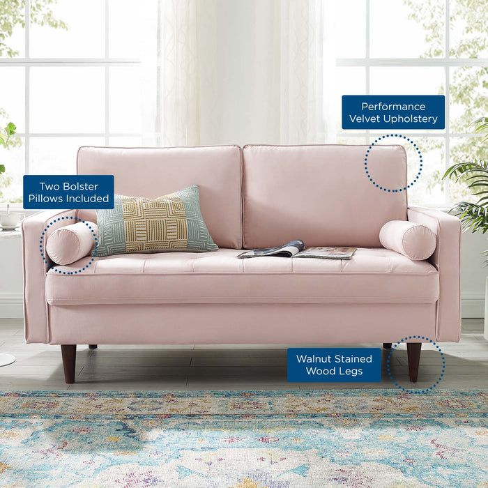 Modway Valour Mid-Century Modern Loveseat in Stain-Resistant Velvet with Bolster Pillows... Living Room Furniture - View 55
