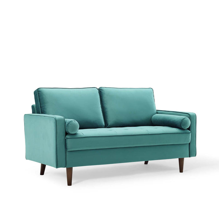 Modway Valour Mid-Century Modern Loveseat in Stain-Resistant Velvet with Bolster Pillows... Living Room Furniture - View 56