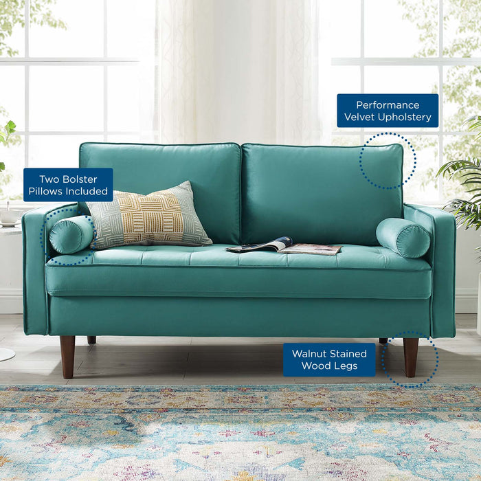 Modway Valour Mid-Century Modern Loveseat in Stain-Resistant Velvet with Bolster Pillows... Living Room Furniture - View 63