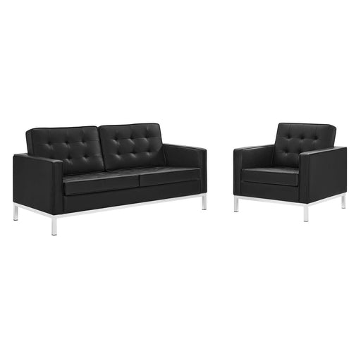 Loft Tufted Upholstered Faux Leather Loveseat and Armchair Set Silver Black
